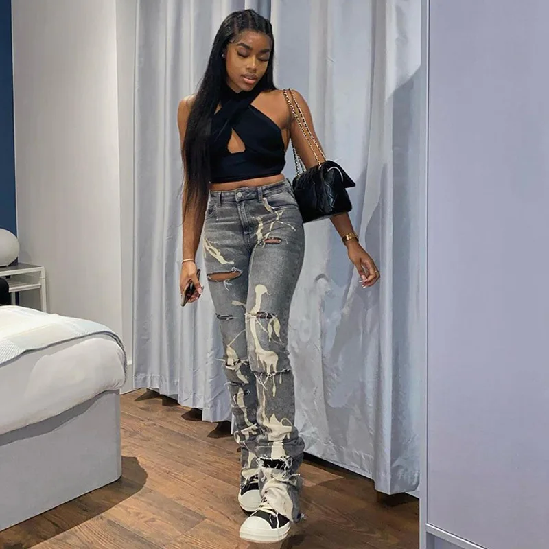 Spring Print Hole High Waist Streetwear Pencil Denim Pant Casual Fashion Women Jeans