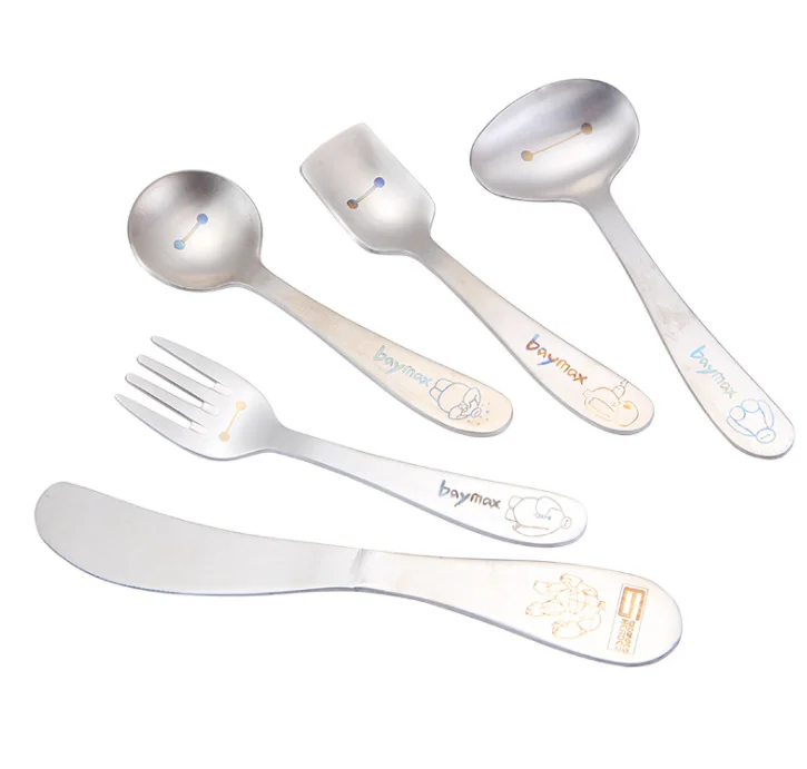 
Lovely 304 stainless steel children cartoon 5-piece cuberteria thick handle tableware durable baby cutlery 
