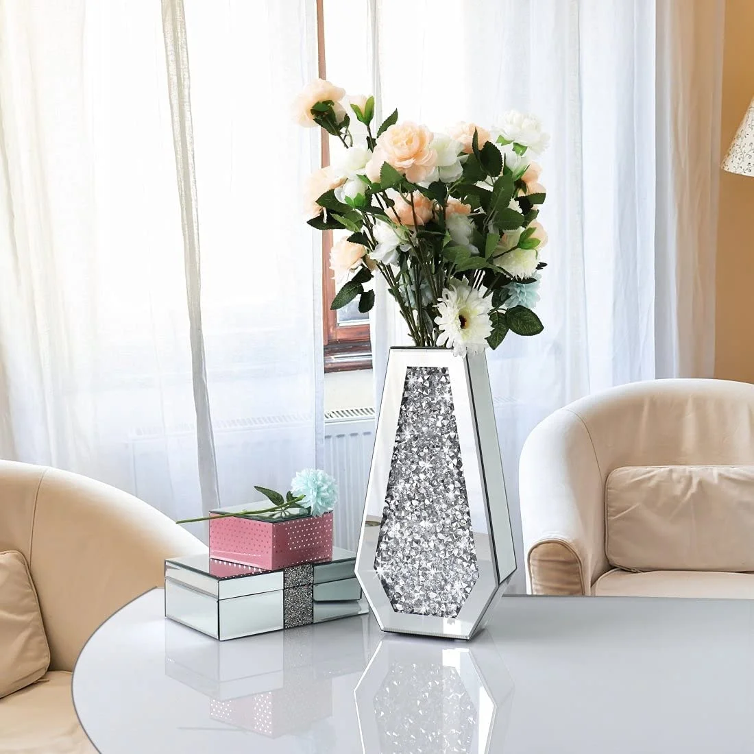 Luxury Crushed diamond Glass Vase for Home Decor bling crushed diamond furniture Sublimation Glass vase with crushed diamond