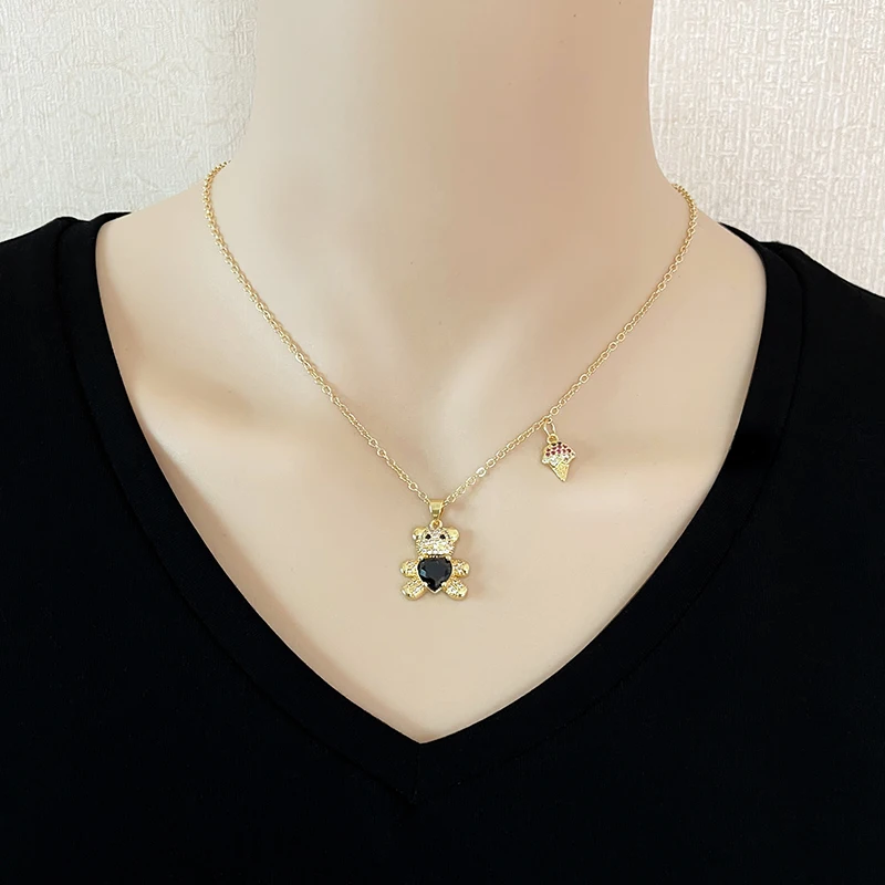 New Design Fashion Diamond Love Bear Pendant For Women  Cute Teddy Bear Ice Cream Combination Necklace