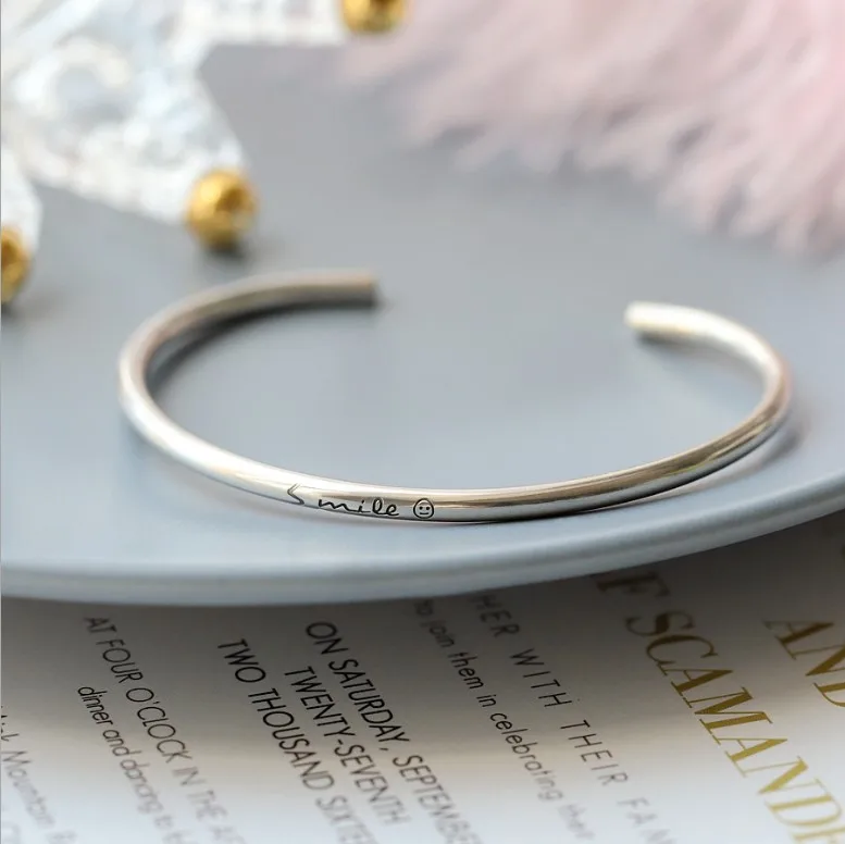 instagram popular followers smile face cutie solid genuine 925 sterling silver plain bangle for girl