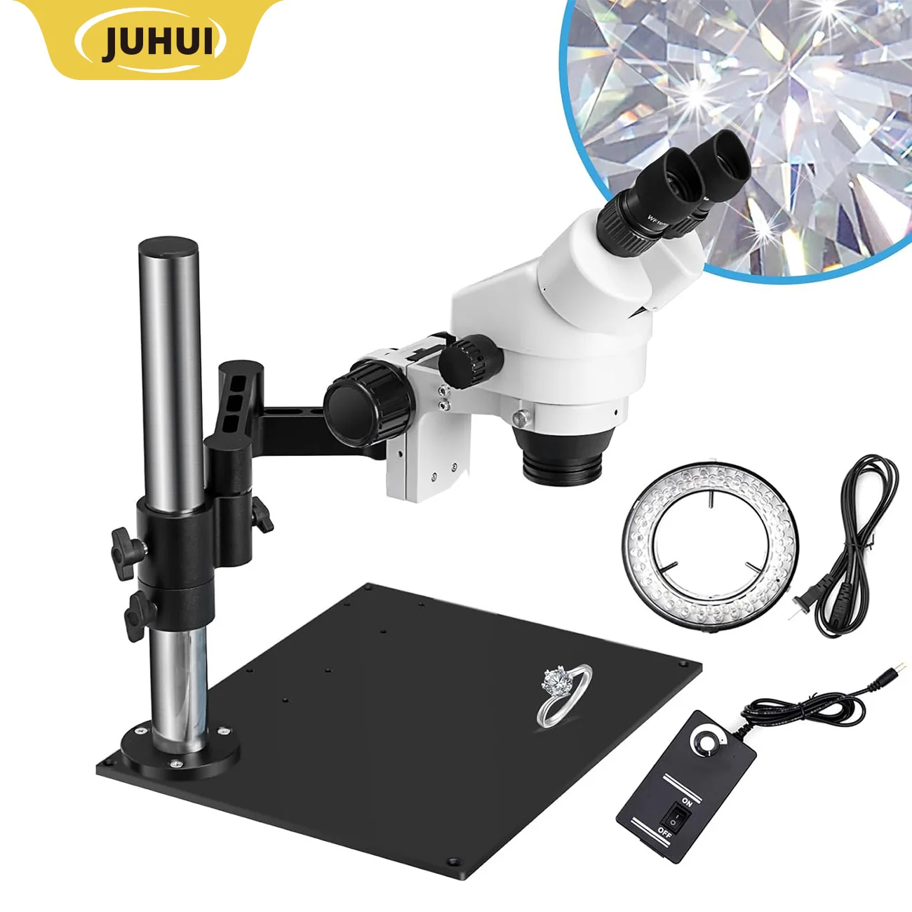 7X-45X Stereo Microscope for Jewelry with 0.5X-2.0X Lenses, WF10X Eyepieces, Articulating Stand, 60-LED Light
