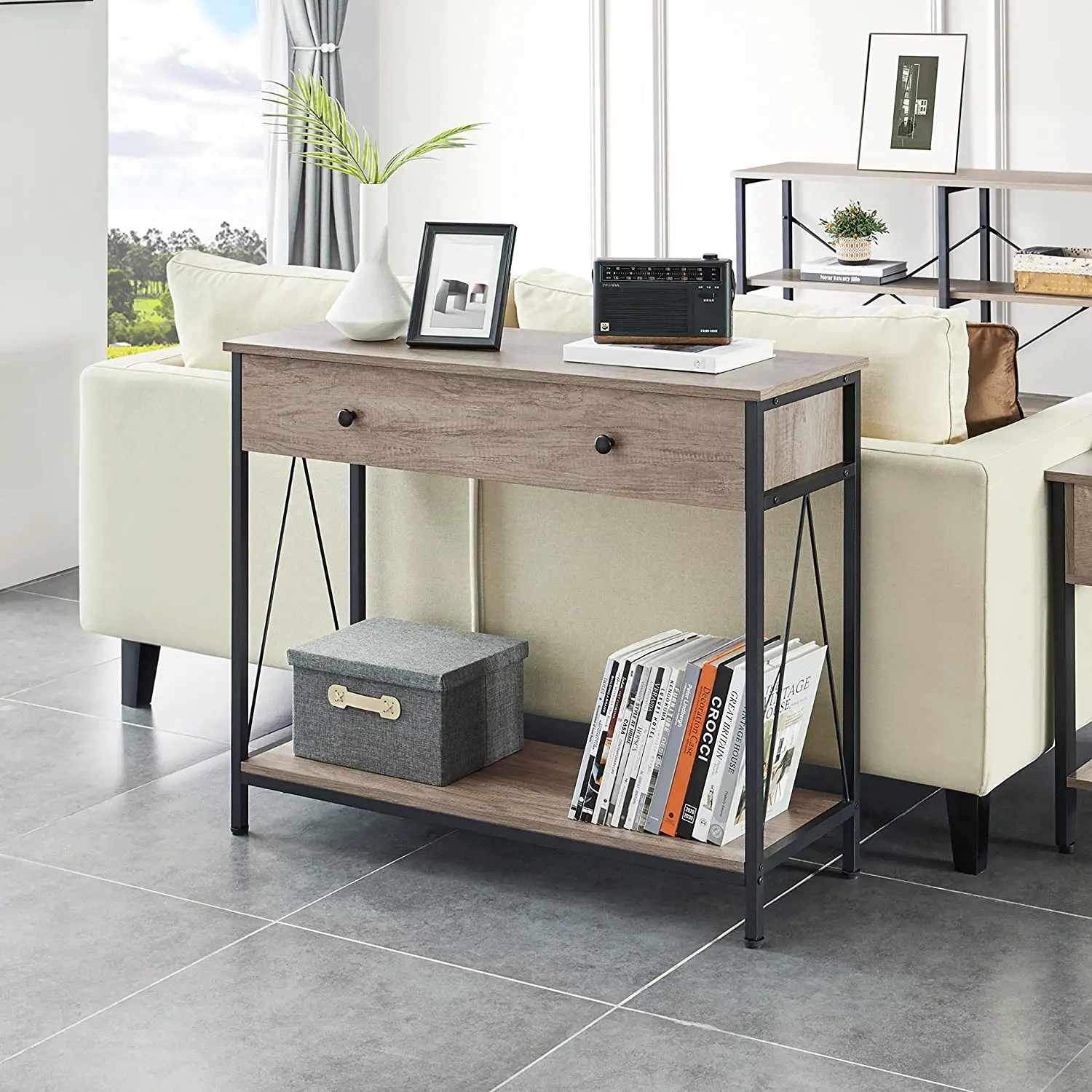 Industrial rustic antique narrow hallway entryway living room furniture metal wooden console table