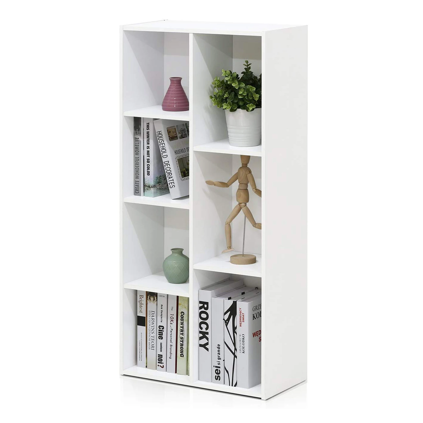 
 Настенный белый высокий вертикальный деревянный книжный шкаф  