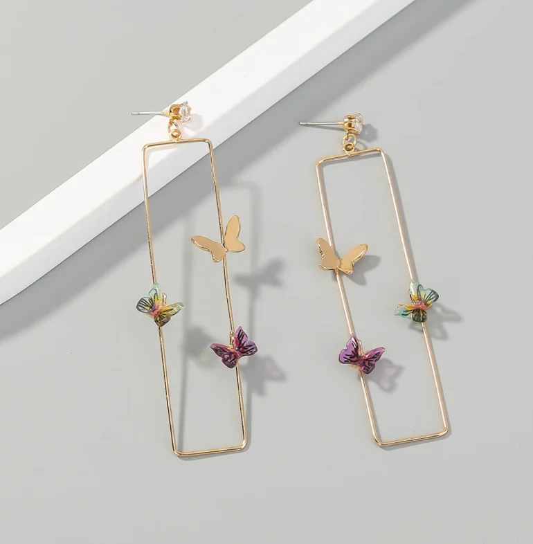  New product hot sale metal temperament long geometric shape multicolor butterfly earrings fashionable wild