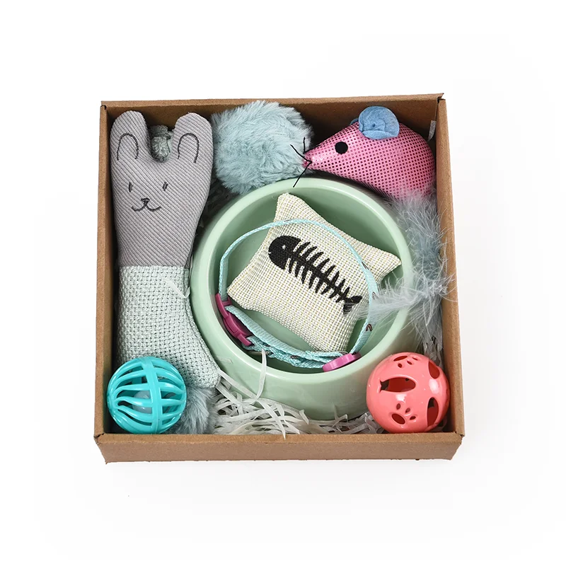 Super Value Interactive Fun Lovely Pet Kitty Wand Toy Collar Bowl Cat Gift Pack With Catnip