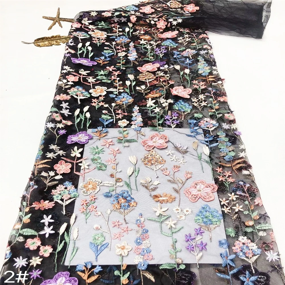 2024 New Design Embroidery Colorful Tulle 3D Floral Colorful Handmade Flower Embroidery Lace Mesh Fabric