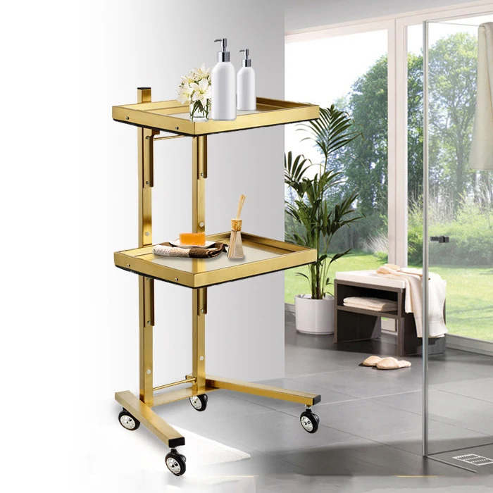 Portable Foldable Gold Double Layer Salon Rolling Cart Tray  Hairdresser Barber Trolley Beauty Salon Trolley Cart