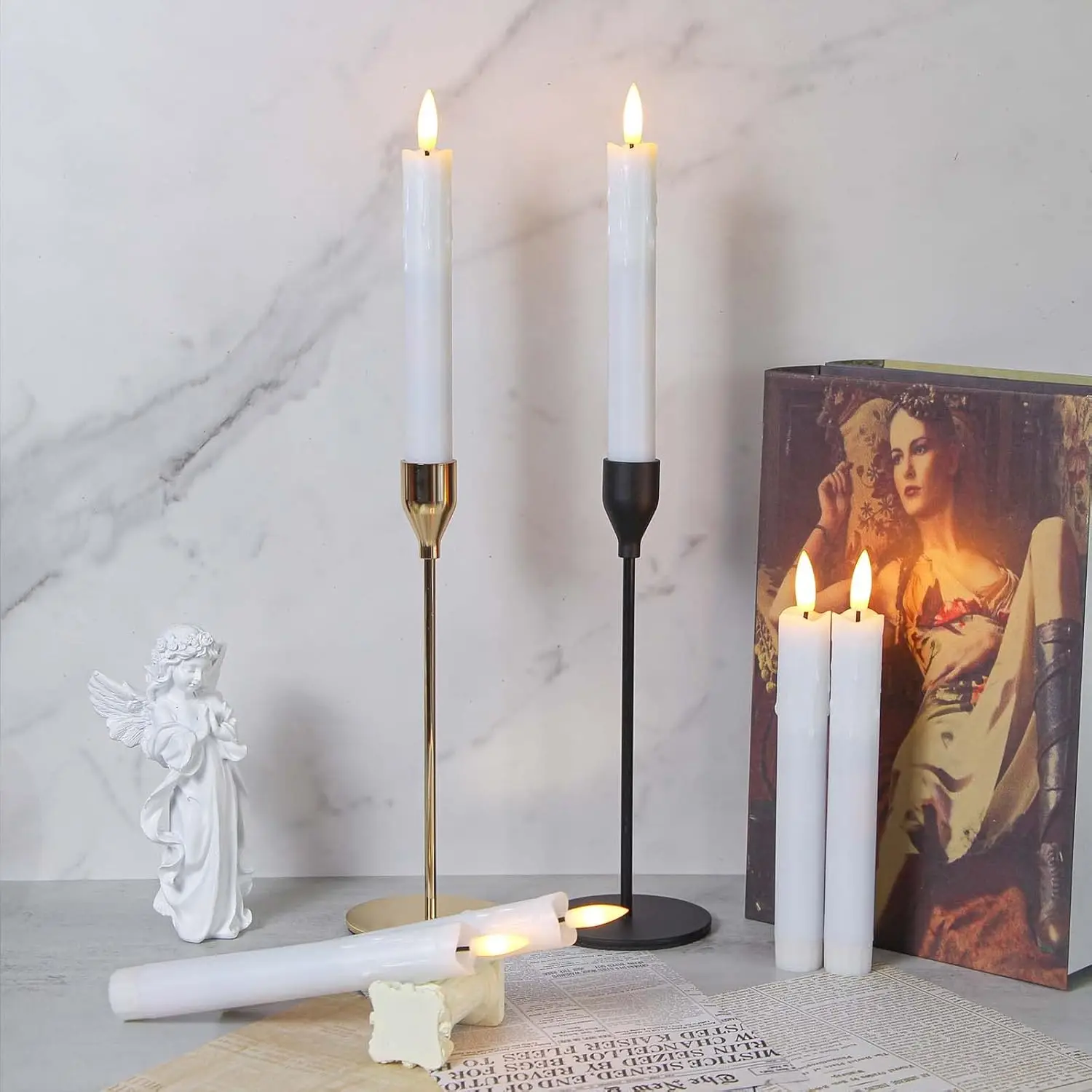 6pcs Set Real Wax LED Flameless Taper Candles with Remote Timer 7.5 Inches Candlesticks Battery Operated