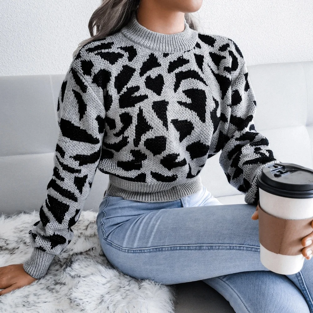 High Quality Cow Print 12 GG Leopard Print Short Knit Sweater for Women