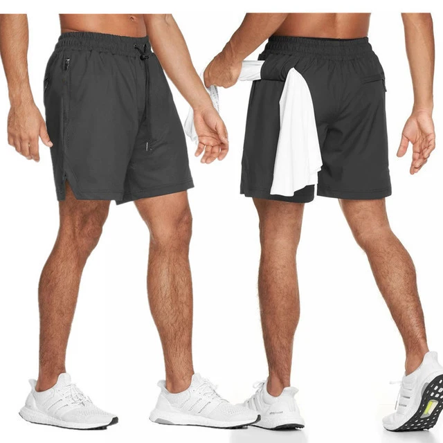 Mens Workout Fitness Shorts Quick Dry Mesh Running Gym Towel Hanging With Zip Pockets