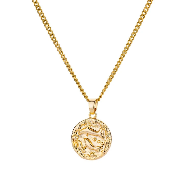 Fashion Trendy Jewelry Gold Plated Stainless Steel Round Coin Embossed Pendant Fine Zodiac Sign Charms Necklace for Women