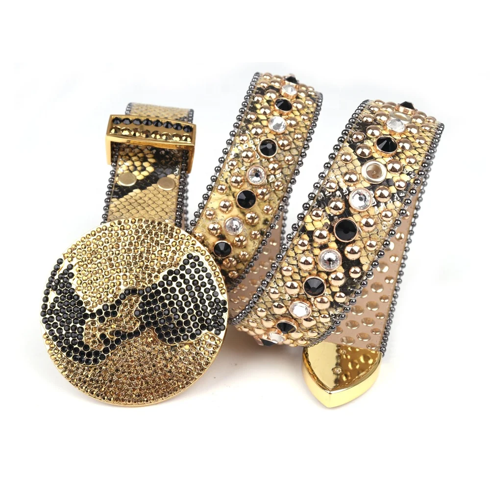 Latest Style Western Big World Round Buckle Gold Bling Bling Rhinestone Belt Men Women Fancy Studded Leather Belts