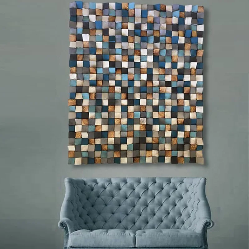 Home Decor Wooden Framed Large Mixed Media Artwork Wood Block Abstract Painting Handmade 3D Wall Abstract Art