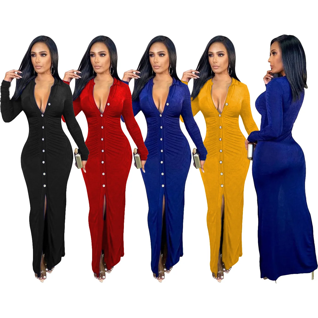 Spring Bodycon Single breasted long sleeve maxi evening velvet casual dresses