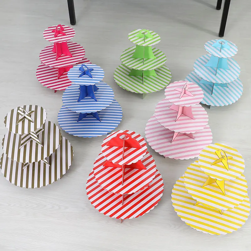 TS Hot Sale 3 Tier Stripe Cake Stand Disposable Paper Cake Stand for Party Cartoon Character  Cake Stand for Party Favor