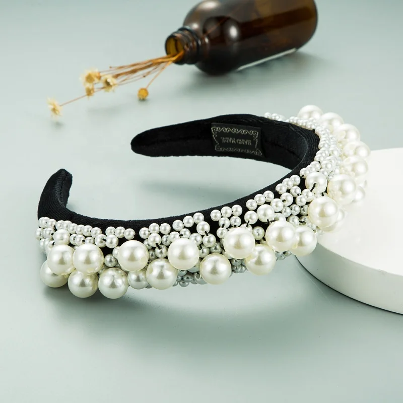 
2021 Spring Women Hair Accessories Fashion Big Pearl Headband Handmade Bride Fabric Padded Hairband for Girls 