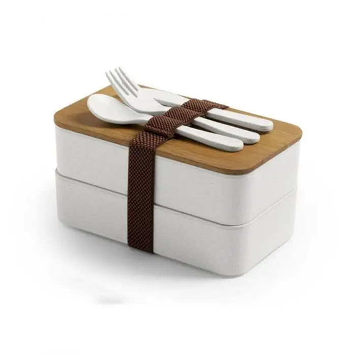 Hot Sale Fridge Organizer Two Layer Wheat Straw Lunch Box With Bamboo Lid Insulated Thermal Bamboo Fiber Lunch Box With Spoon