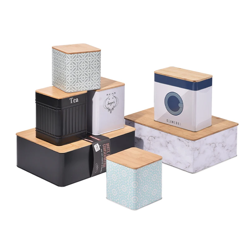 Factory Custom Tea Sugar Coffee Bread Metal Tin Box With Bamboo Lid Wholesale Rose Gold Rectangular Tea Tn Stackable