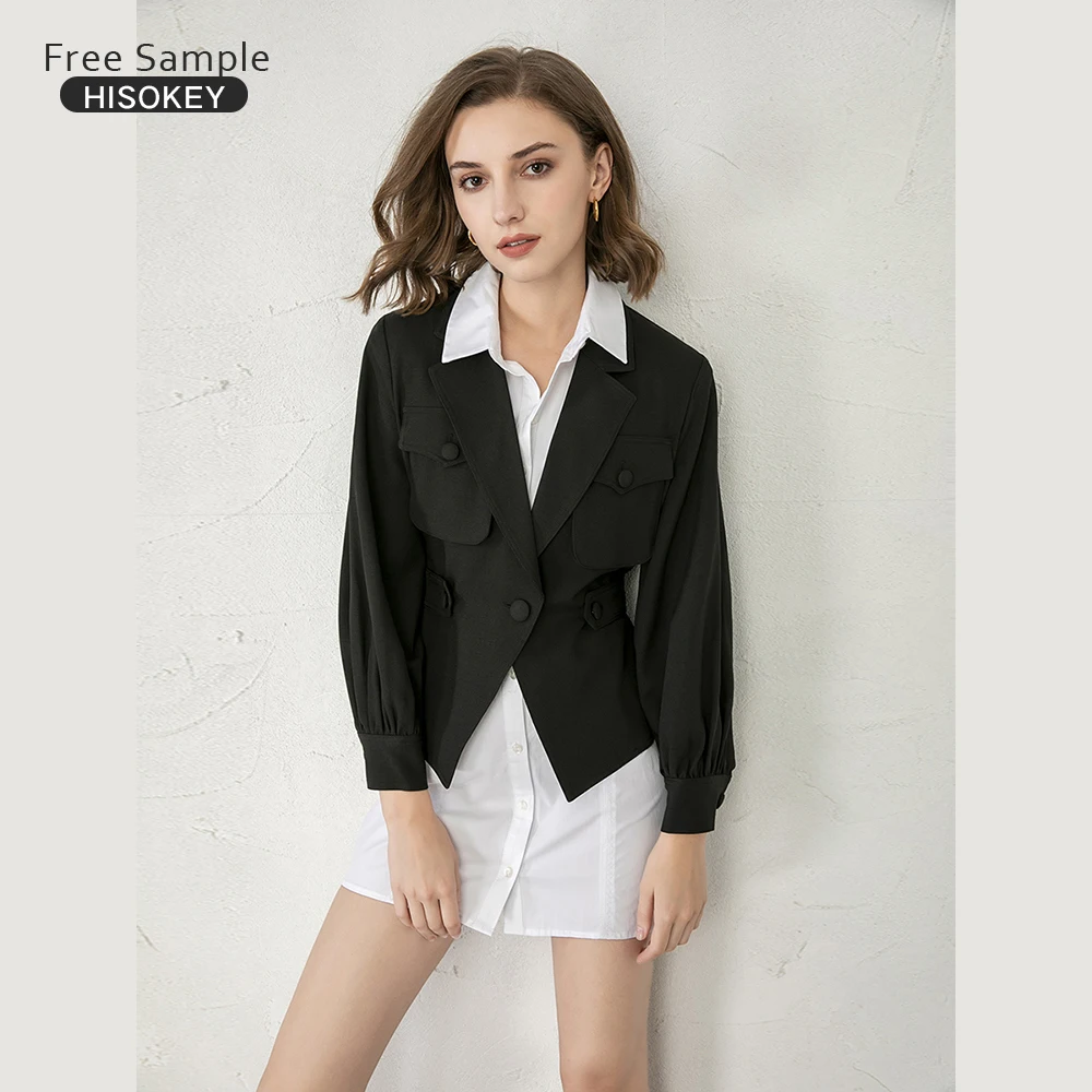 HISOKEY 2021 shoulder padding vintage style modern design suit collar waist slim ladies women clothing jacket coat