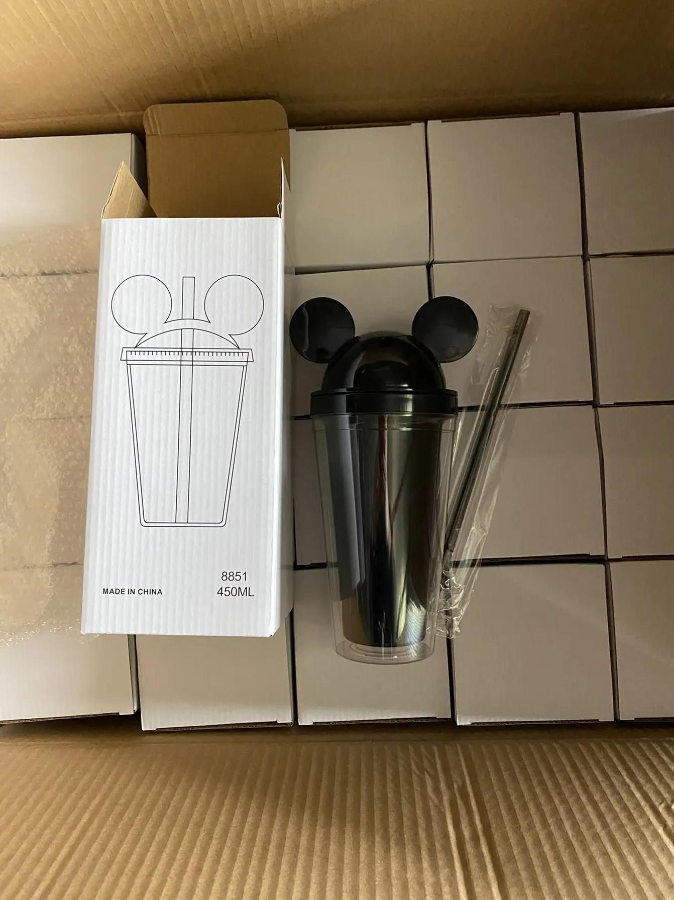 16oz Double Wall Plastic Tumbler Couples Cups With Minnie Mouse Ear Shape Lid And Straws Portable Water Cups