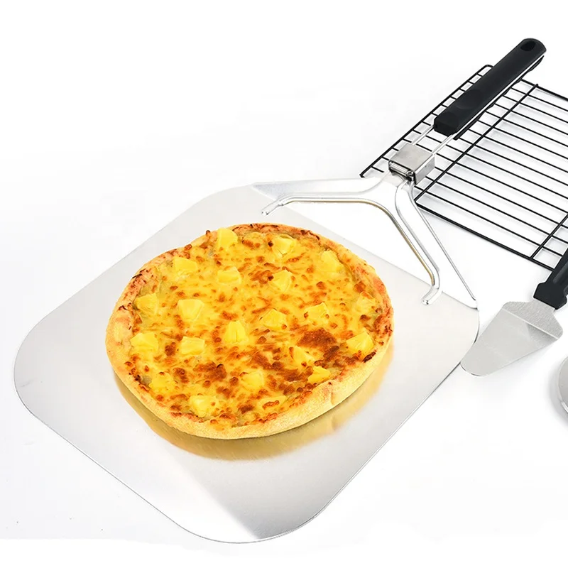 Ready to ship 2pk pizza tools set aluminum foldable turning pizza paddle peel  with soft touch foldable handle and pizza cutter