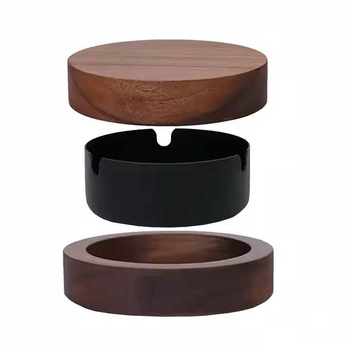 Windproof  Easy Clean Windproof Ashtrays for Cigarettes Ash Tray with Lid Portable Stainless Steel Wooden Ashtray With Lid
