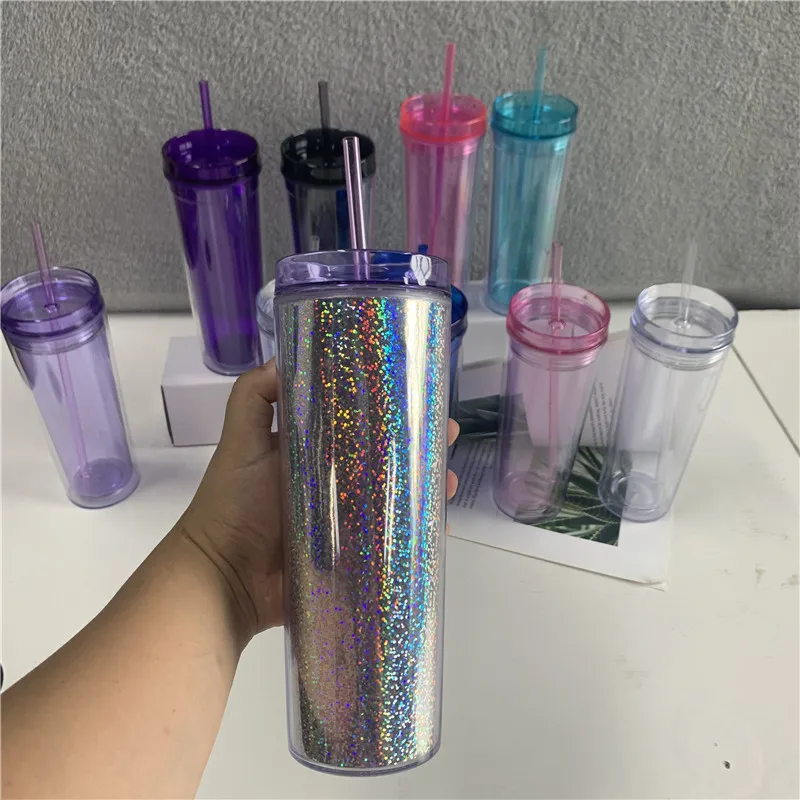 Clear Drinkware 16oz 19oz 20oz Insulated 10 colored Laser holographic Glitter Bomb Plastic Straight cups With lids and straws
