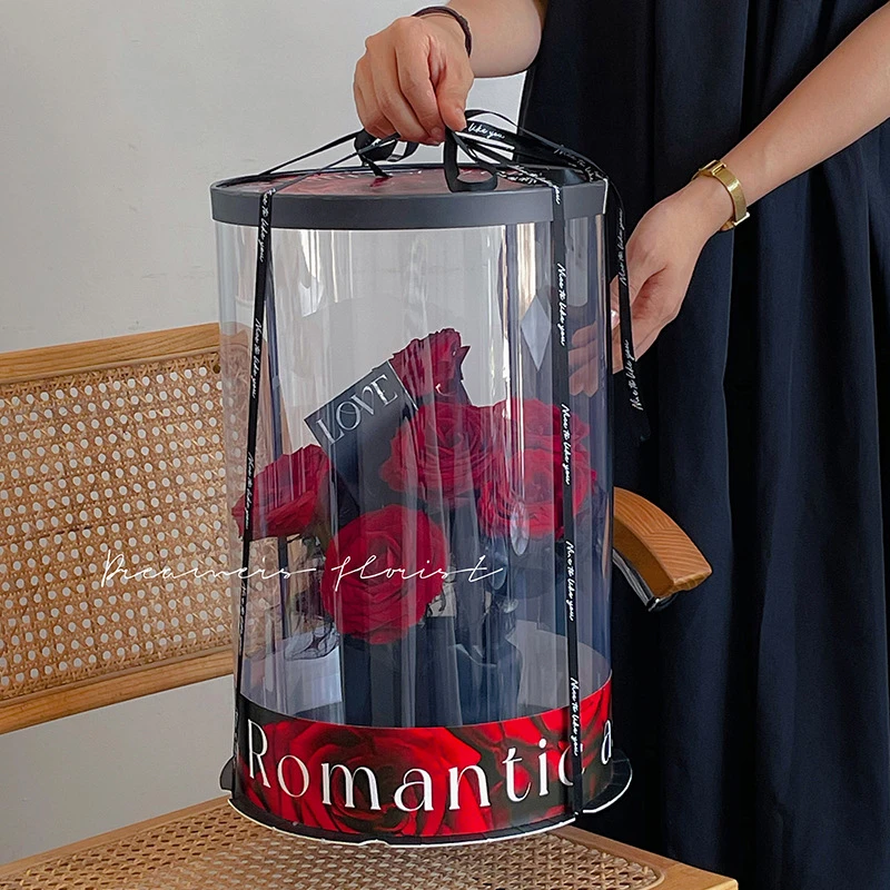 Clear big tall flower floral paper round foldable hat box cylinder round black white for flower bouquet arrangement delivery