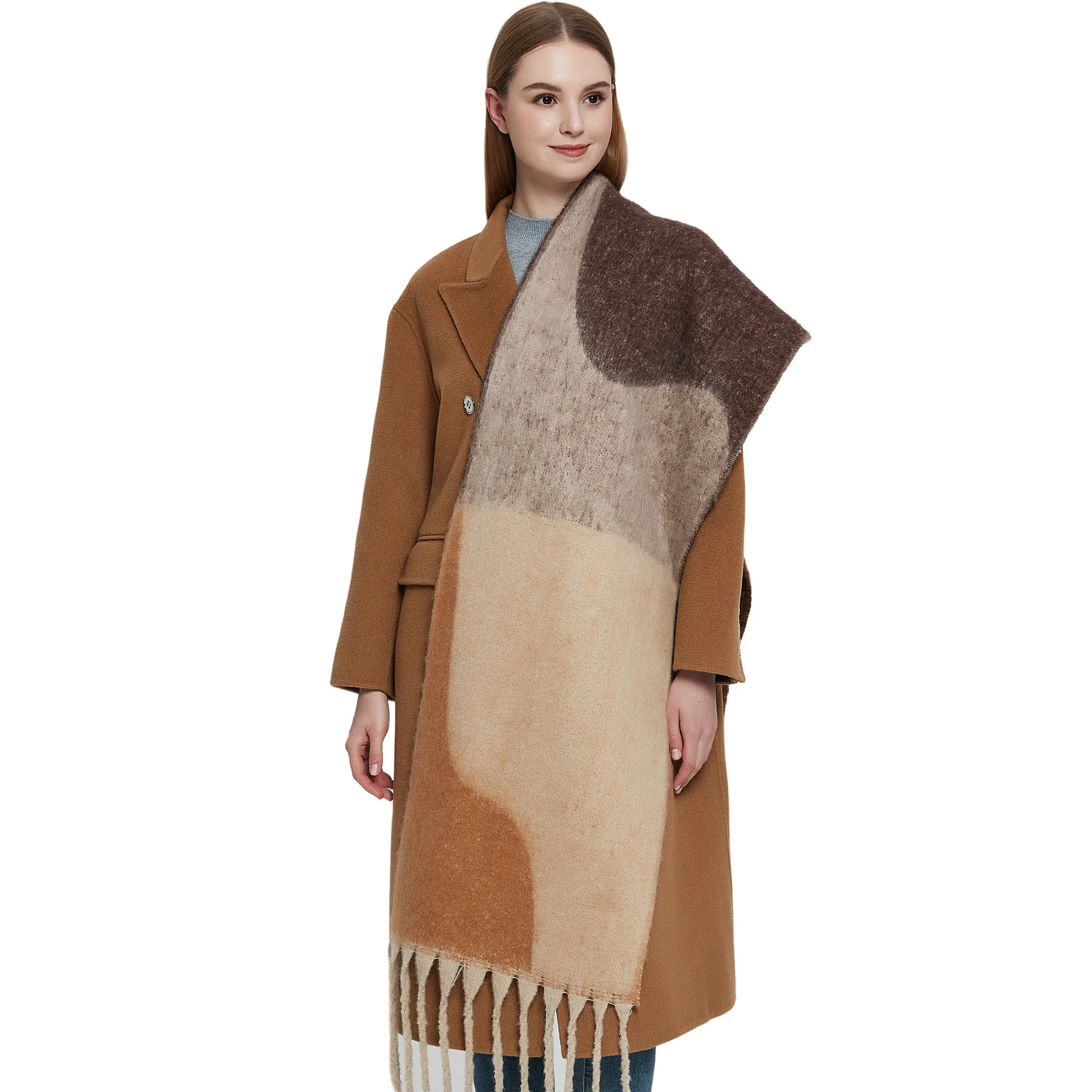 Fashion Classical geometrical colors women stock large oversize winter scarf cape acrylic oblong chunky fluffy scarf with tassel