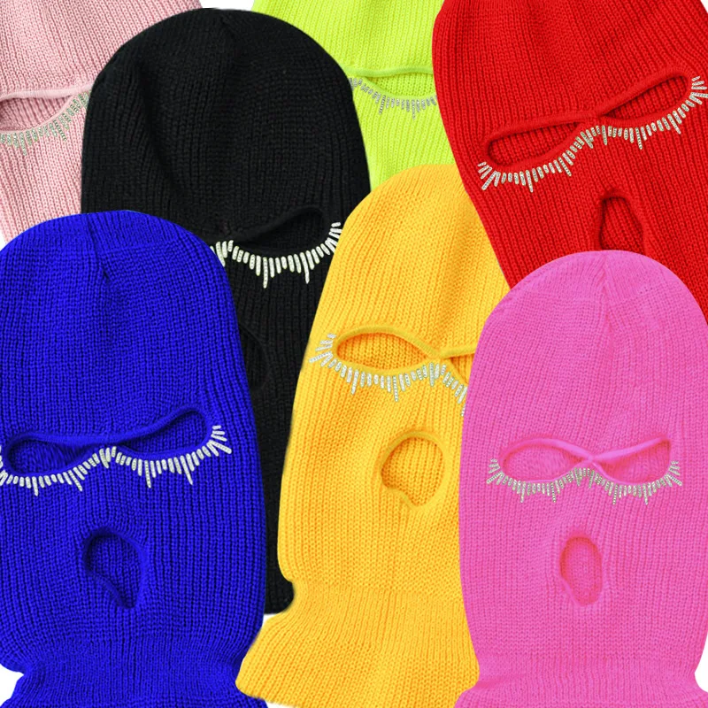 New Custom Winter Cover Face Hat Custom Face Mask Balaclava Knitted Rhinestone Full Face Cover 3 Holes Ski Mask