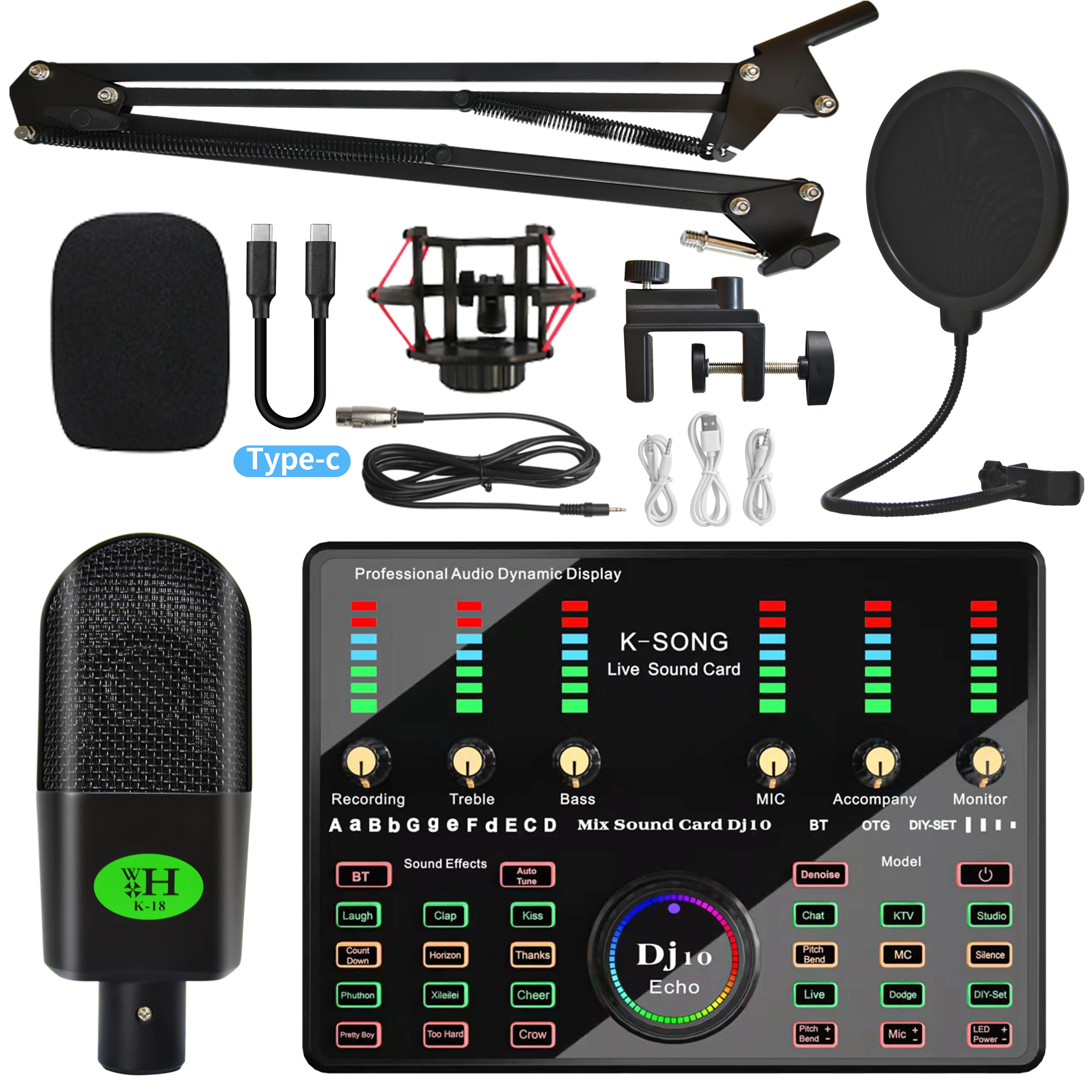 Karaoke Equipment Sound Card Mixer Set Voice Changer with Condenser Microphone Interface Audio Studio External Sound Card