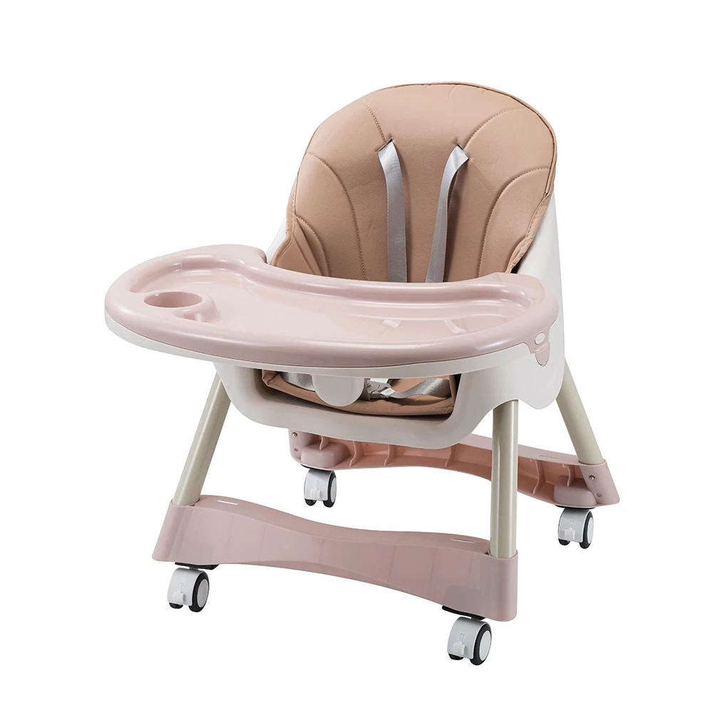 Portable pink baby dining chair feeding chair kids high chair with wheels