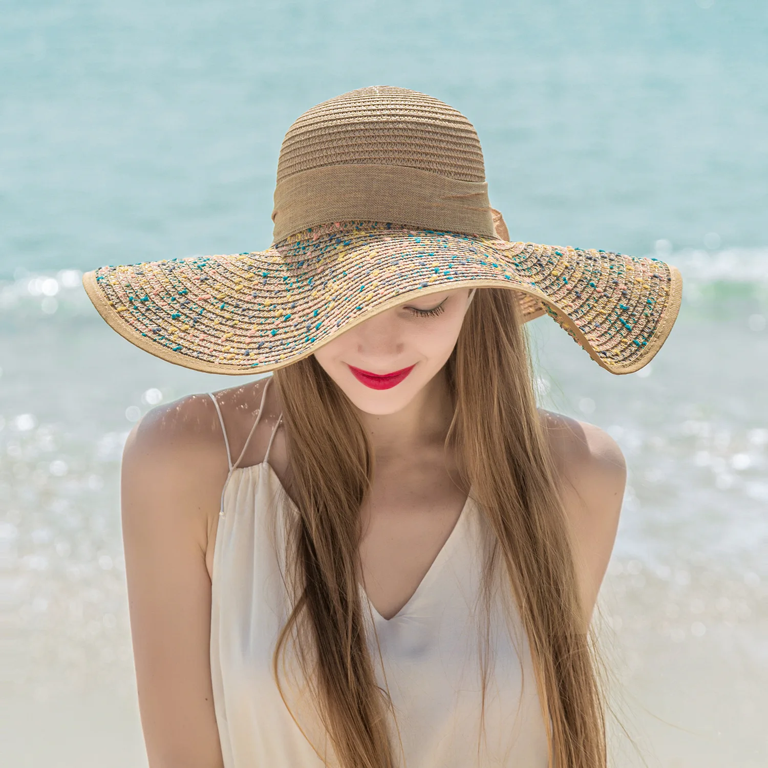 2021 Newest Summer Large Brim Straw Hat Women Bowknot Wide Brimmed Panama Hat INS Hot Outdoor Beach Sun Hat Oversize Cap