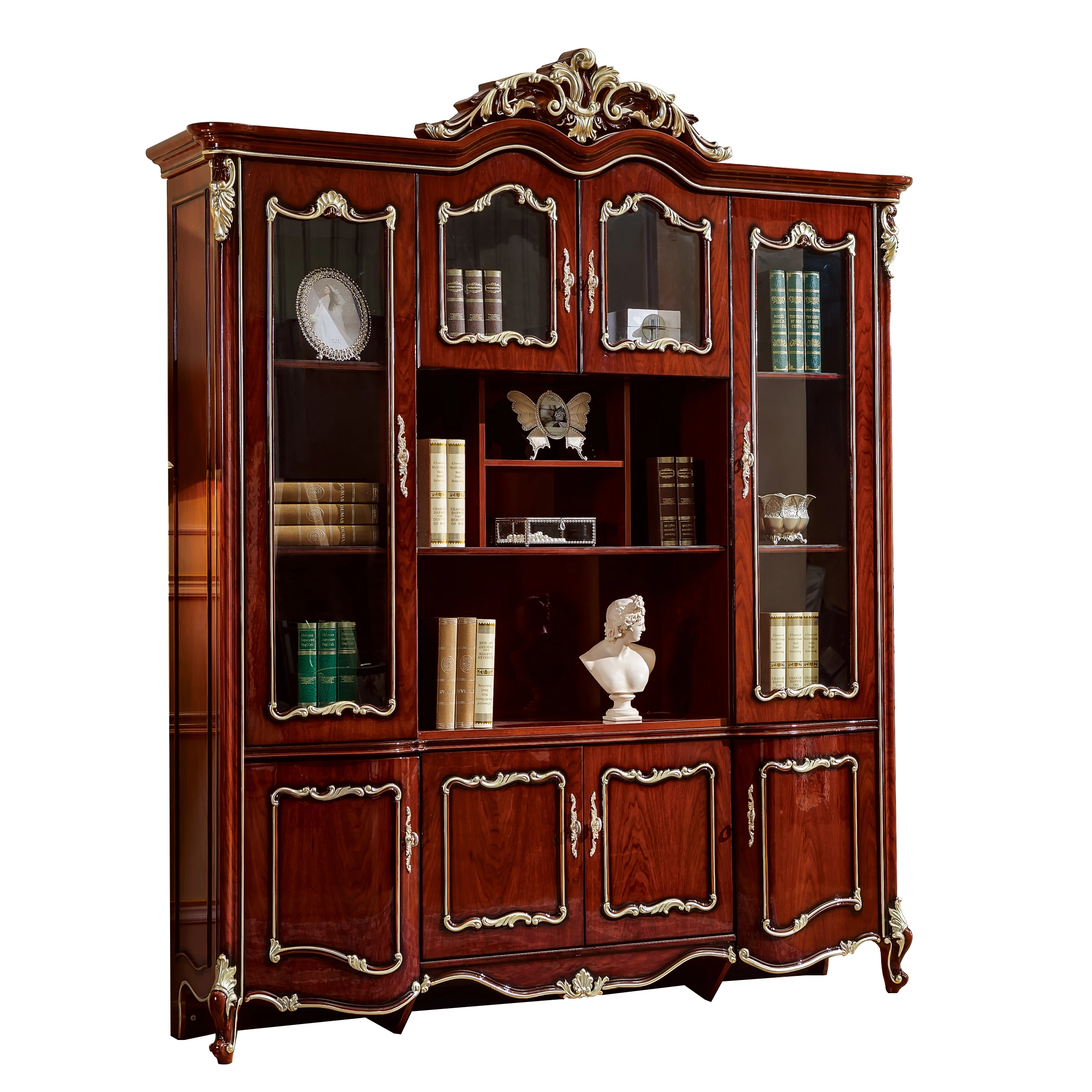Luxury style four door wooden bookcase classic royal home office bookcase