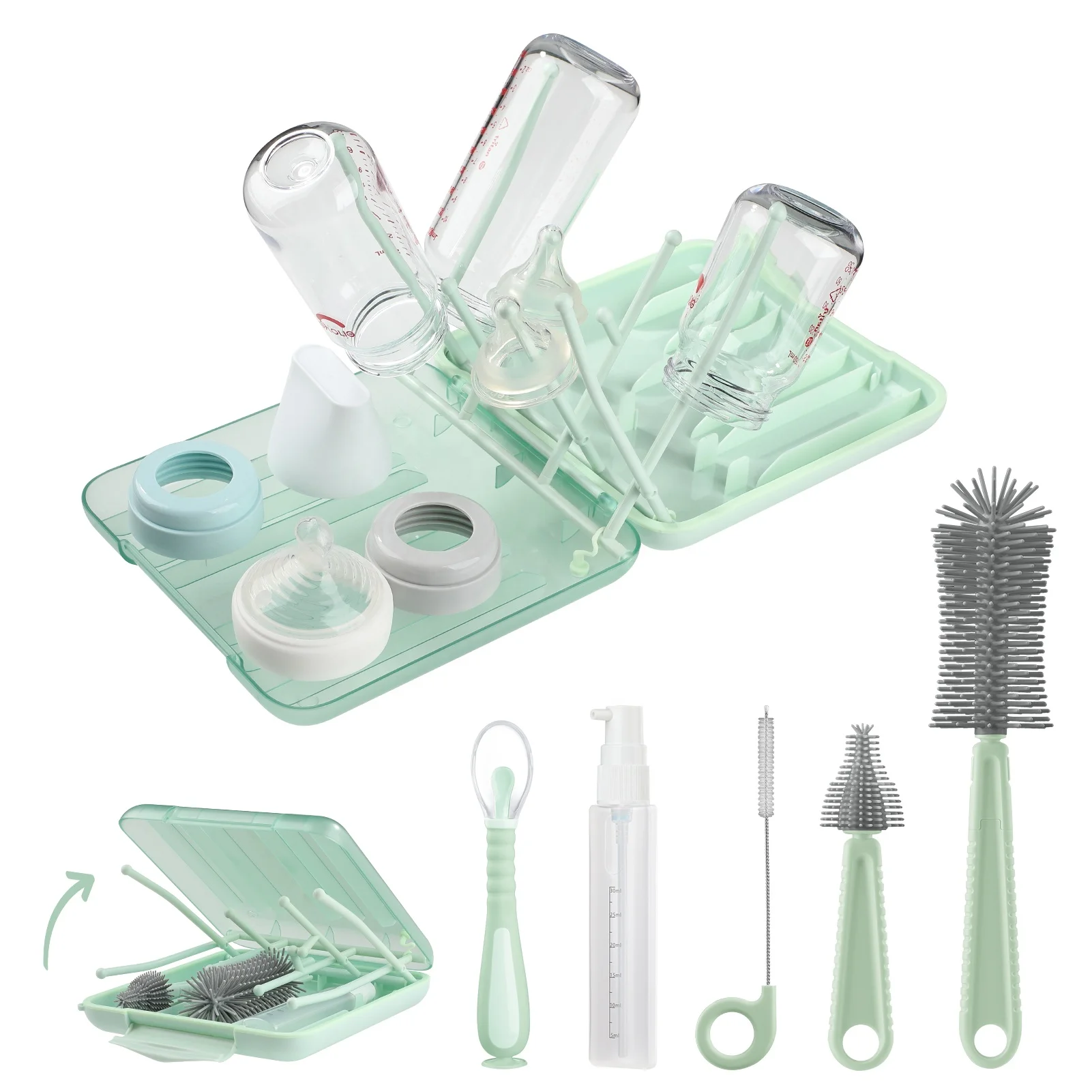 7 in 1 Bottle Cleaner Brush Drying Rack Set Kit Cup Organizer Foldable Cleaning Silicone Baby Bottle Dry Rack