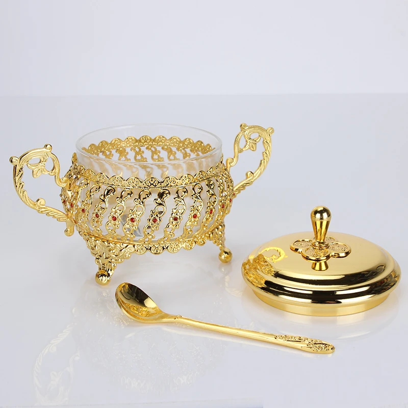 
2020 decorative gold 3pcs sugar bowl spice pot with spoon sugar jars 