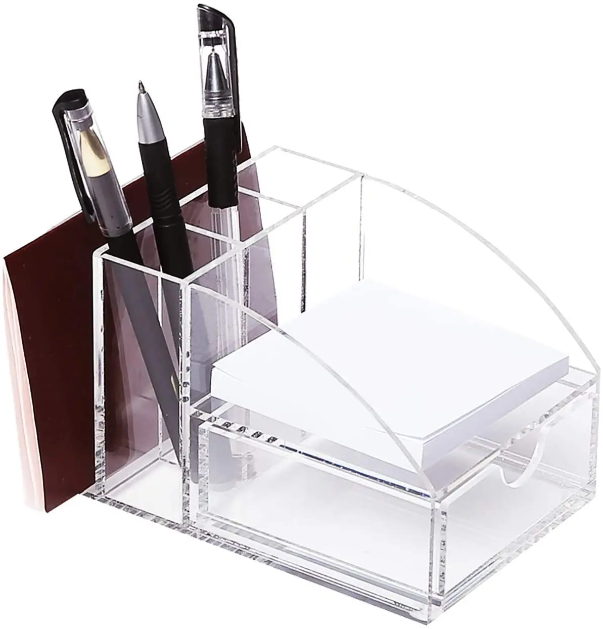 Acrylic Premium Desktop Office Supplies Organizer with Note Pad Holder, Mail Storage and 3 Pencil Slots