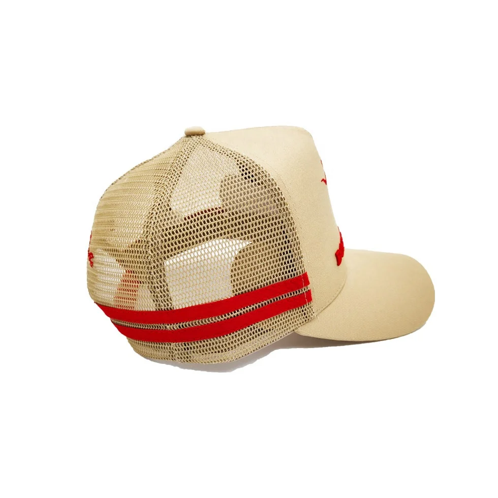 custom logo high profile  beige color  trucker hat 5 panel mesh trucker hats  high quality   cotton and mesh  trucker hats