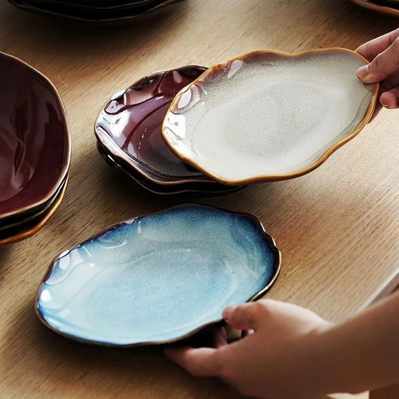 Handmade Ceramic Dinner Plate Rustic Glazed Cold Dishes Fruit Salad Sushi Pasta Food Serving Tray Irregular Restaurant Tableware