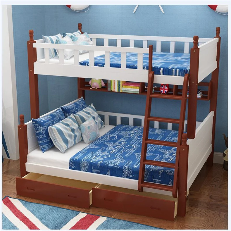 Cheap Prices Solid Wood Children Furniture Bunk Bed with Ladder and Bookshelf
