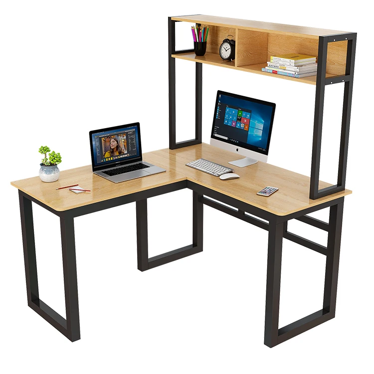 Modern Home Corner Computer Study Desk Metal Frame L-shaped Office Table With Bookshelf