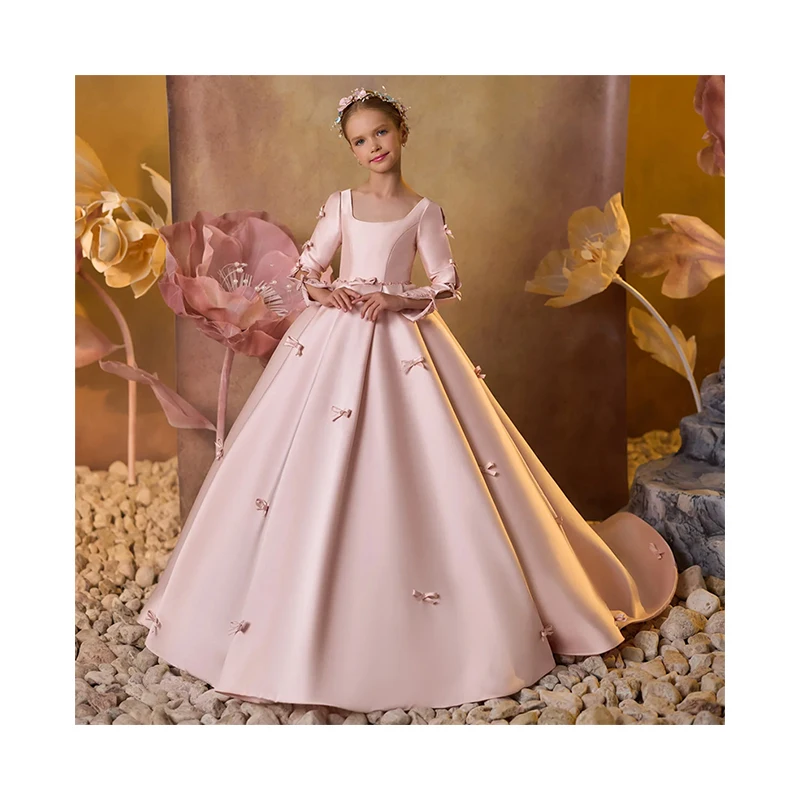 Wedding party children formal wear little bridesmaid long sleeves quality satin floor-length kids tween flower girl dresses