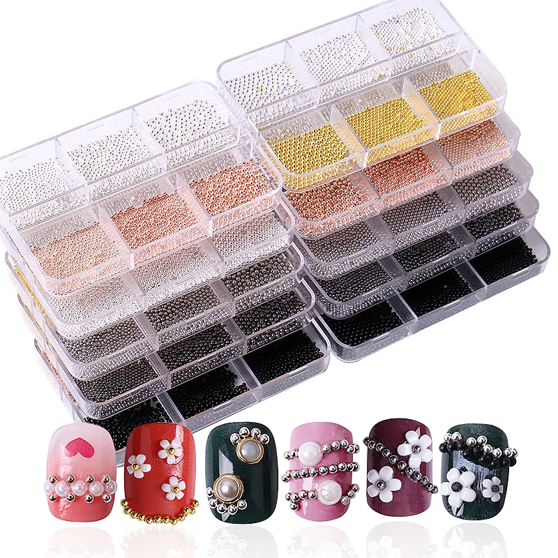 Customized 6 Grids Packing Nail Jewelry Factory Price Wholesale Silver/Black/Gold/Rose Gold Steel Nail Art Caviar Beads