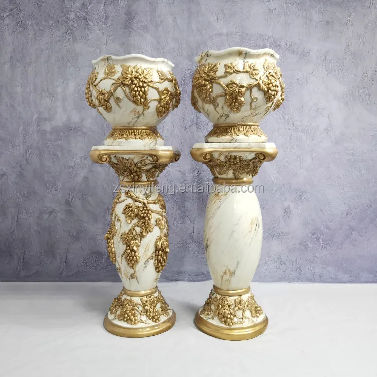 Indoor Fiberglass Pot Planter Tall Pillar Plant Vase With Grapes Embossment Decoration Gold And White Marble Flowerpot