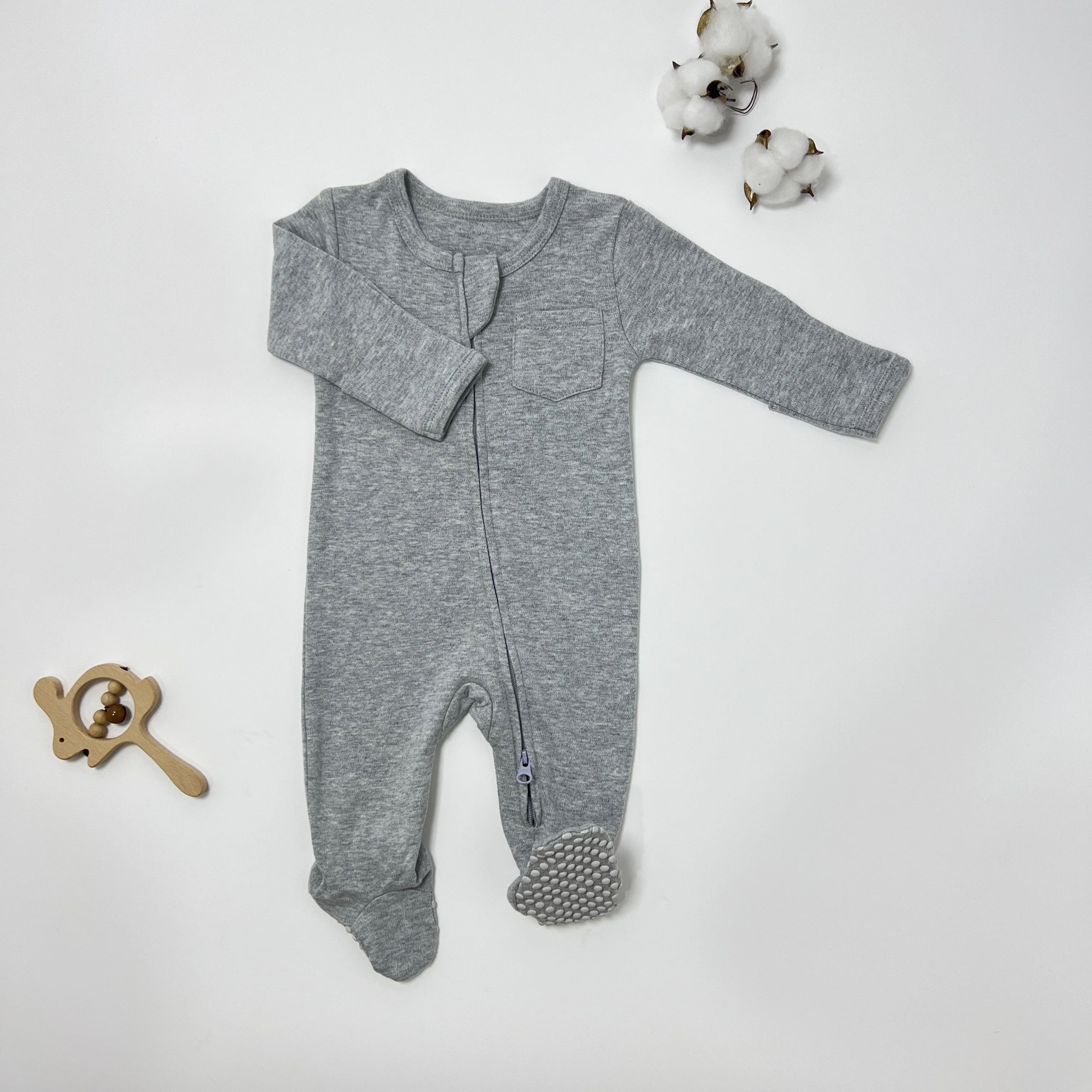 Spring Autumn Wholesale Toddler 100% Organnic Cotton Pajamas Long Sleeve Zipper Baby Footed Pajamas Infant Romper