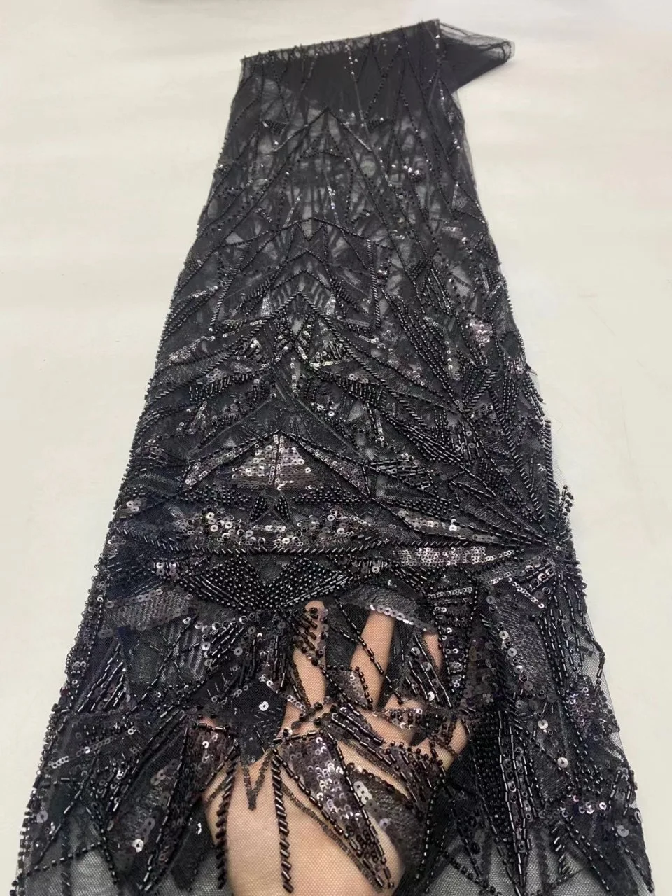 Luxury French Lace Fabric Sequence Handmade Beaded White Crystal Rhinestone Heavy Beaded Lace Fabric