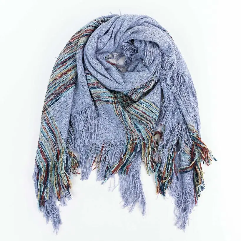 Зимний плотный квадратный шарф из искусственного льна для женщин оверсайз тканый теплый узор вязаная синяя шаль в клетку с длинными