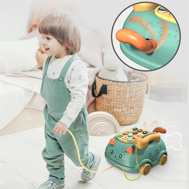 EPT Wholesale Baby Montessori Sound Light Musical Cute Cat Pulling Line Toy Electric Telephone Car Phone Toy