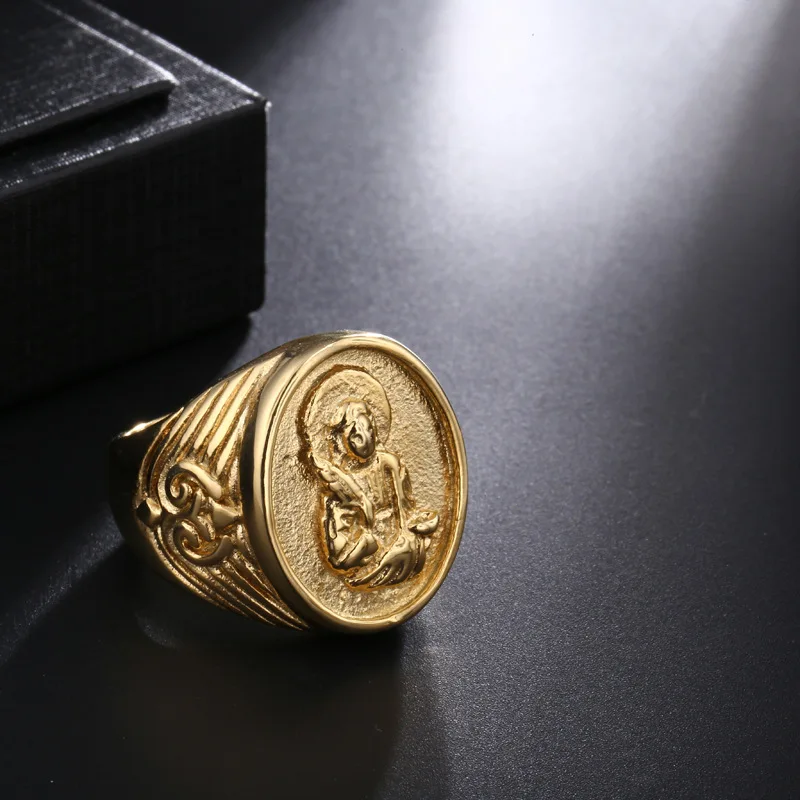 
2020 Hot selling Bible Virgin Mary Catholic Christian Jesus Titanium stainless steel rings gold plated religious men jewelry 